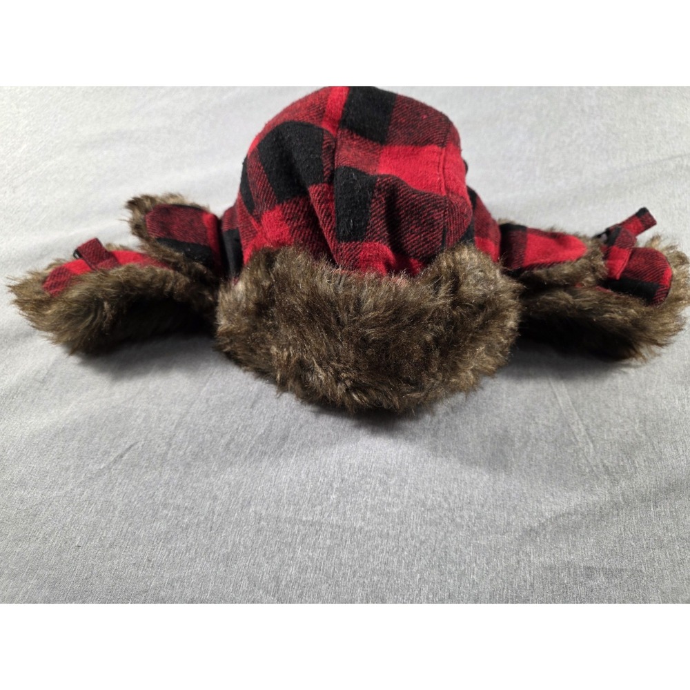Dakota Dan Buffalo Plaid Check Red Black Winter Trapper Hat‎ Faux Fur Trim